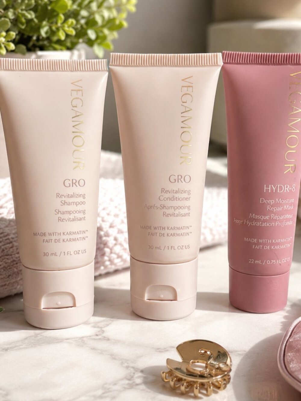 Vegamour GRO Revitalizing Shampoo Conditioner & HYDR-8 Hair Mask Travel Set 3pc